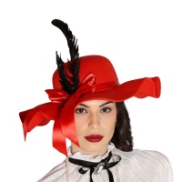 Chapeau pamela rouge avec plume noire - 56 cm