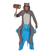 Costume du chat gris sur les épaules de la souris bleue