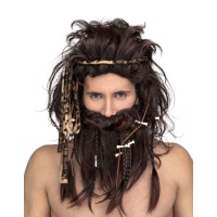 Perruque brune d'homme des cavernes avec barbe et ossements