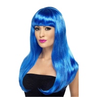 Perruque de cheveux bleus longs et raides avec franges