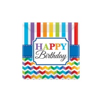 Assiettes carrées Happy Birthday Rainbow 18 cm - 8 pcs.