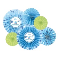 Lampions éventail Blue Baby Party - 6 pcs.