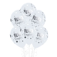 Ballons latex blancs 30cm argentés Happy Birthday - Sempertex - 12 unités