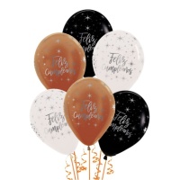 Ballons en latex noir, transparent et cuivre 30 cm Happy Birthday - Sempertex - 12 unités
