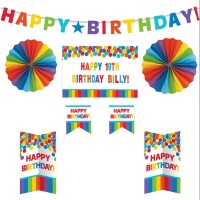 Kit décoration Arc-en-ciel personnalisable Happy Birthday - 8 unités