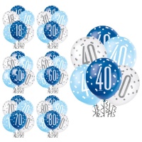 Ballons d'anniversaire bleu et blanc en latex 30 cm - Qualatex - 6 unités