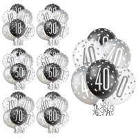 Ballons d'anniversaire en latex, 30 cm, argent, noir et blanc - Qualatex - 6 pcs.