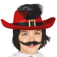 Chapeau de mousquetaire rouge avec plume pour enfants - 55 cm