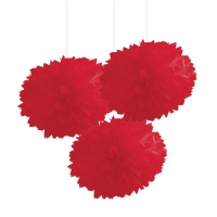 Pendentifs pompons en papier rouge - 3 pcs.