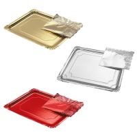 Plateaux rectangulaires en carton de 22 x 28 cm aux couleurs métallisées avec dentelle - 1 unité