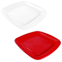 Plateau carré en plastique rouge et blanc de 30,5 cm de côté - 3 pièces