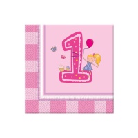 Serviettes de table premier anniversaire fille 16,5 x 16,5 cm - 20 unités