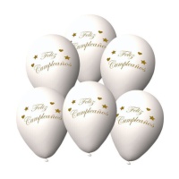 Ballons en latex blanc biodégradable avec message doré Happy Birthday 23 cm - Eurofiestas - 6 unités