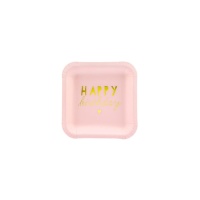 Assiettes carrées de 14 cm avec Happy Birthday doré - 6 pcs.