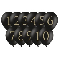 Ballons en latex noirs avec chiffres dorés 30 cm - PartyDeco - 11 unités