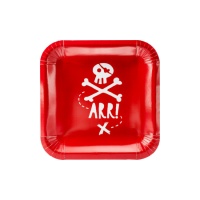Assiettes carrées rouges tête de pirate 20 cm - 6 pièces