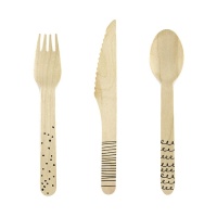 Couverts en bois avec design noir - 18 pcs.