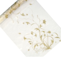 Chemin de table avec des branches dorées en organza crème - 9 m