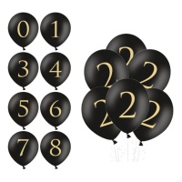 Ballons en latex noirs avec chiffre doré 30 cm - PartyDeco - 50 pcs.