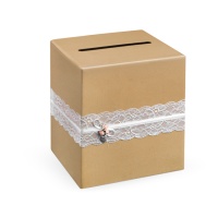 Boîte à souhaits en kraft avec dentelle blanche - 24 x 24 x 24 cm