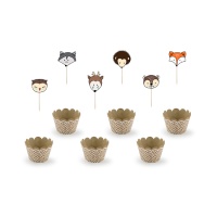 Emballages pour cupcakes et picks d'animaux de la forêt - 6 pcs.