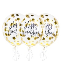 Ballons en latex transparent avec confettis dorés Bonne Année 27 cm - PartyDeco - 3 pcs.