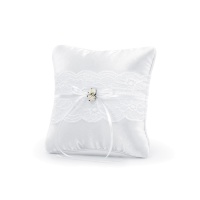 Coussin pour alliances avec dentelle blanche et roses - 16 x 16 cm