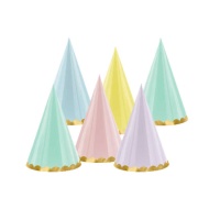 Chapeaux de fête couleurs assorties avec bordure dorée - 6 pcs.