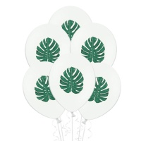 Ballons en latex blancs avec feuille hawaïenne 30 cm - PartyDeco - 50 unités