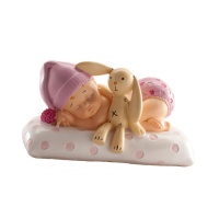 Figurine pour gâteau de baptême de bébé avec nounours rose - 6 x 9,5 cm