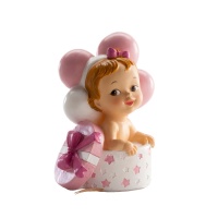 Figurine pour gâteau de baptême de bébé avec cadeau rose - 11 x 8 cm