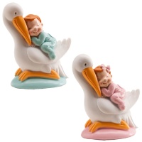 Figurine de gâteau de baptême représentant une cigogne avec un bébé endormi - 10 cm