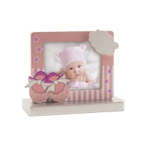 Figure pour gâteau de baptême avec cadre photo rose avec chaussons - 11 cm