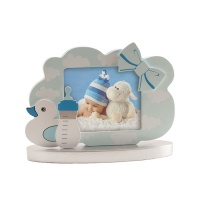 Figurine pour gâteau de baptême avec cadre photo bleu avec détails du bébé - 11 cm