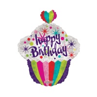 Ballon silhouette cupcake multicolore Happy Birthday 55 cm