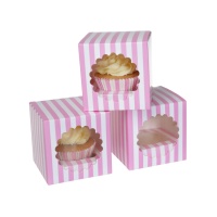 Boîte à cupcakes rayée rose et blanche pour 1 cupcake - 9 x 9 x 9 cm - Maison de Marie - 3 pcs.