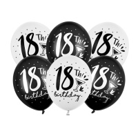 Ballons Latex Noirs 18 Anniversaire 30 cm - PartyDeco - 6 pcs.