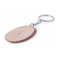 Porte-clés ovale en bois de hêtre avec chaîne en métal