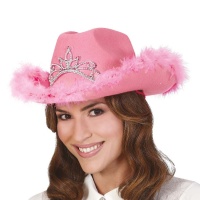 Chapeau de cowgirl rose avec plumes et couronne argentée