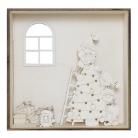 Figurine en bois représentant une scène de Noël avec un sapin et des gnomes dans un cadre 25 x 7,5 cm - Artis decor