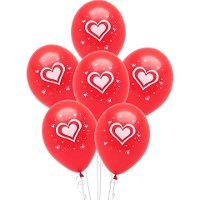 Lot de 6 ballons en latex rouges à coeur blanc - 30 cm