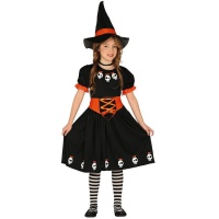 Costume de sorcière orange avec têtes de mort pour filles