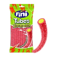 Tubes de réglisse rouge à la fraise fourrés au melon, enrobés de sucre acidulé - Fini - 90 g