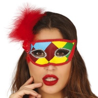 Masque d'arlequin multicolore avec plume