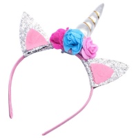 Bandeau licorne argenté avec 3 fleurs