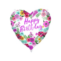 Ballon coeur Happy Birthday avec fleurs 46 cm - Procos