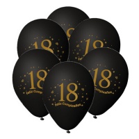 Ballons en latex noirs avec le chiffre doré 18 Happy Birthday 23 cm - 6 pièces