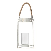 Lanterne blanche avec porte-bougie en corde 17 x 17 x 30,5 cm