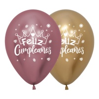 Ballon latex Happy Birthday girl avec couronne 30 cm - Sempertex - 12 pcs.