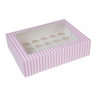 Boîte de 24 mini cupcakes rayés rose et blanc 33,9 x 25,4 x 9,6 cm - Maison de Marie - 2 unités